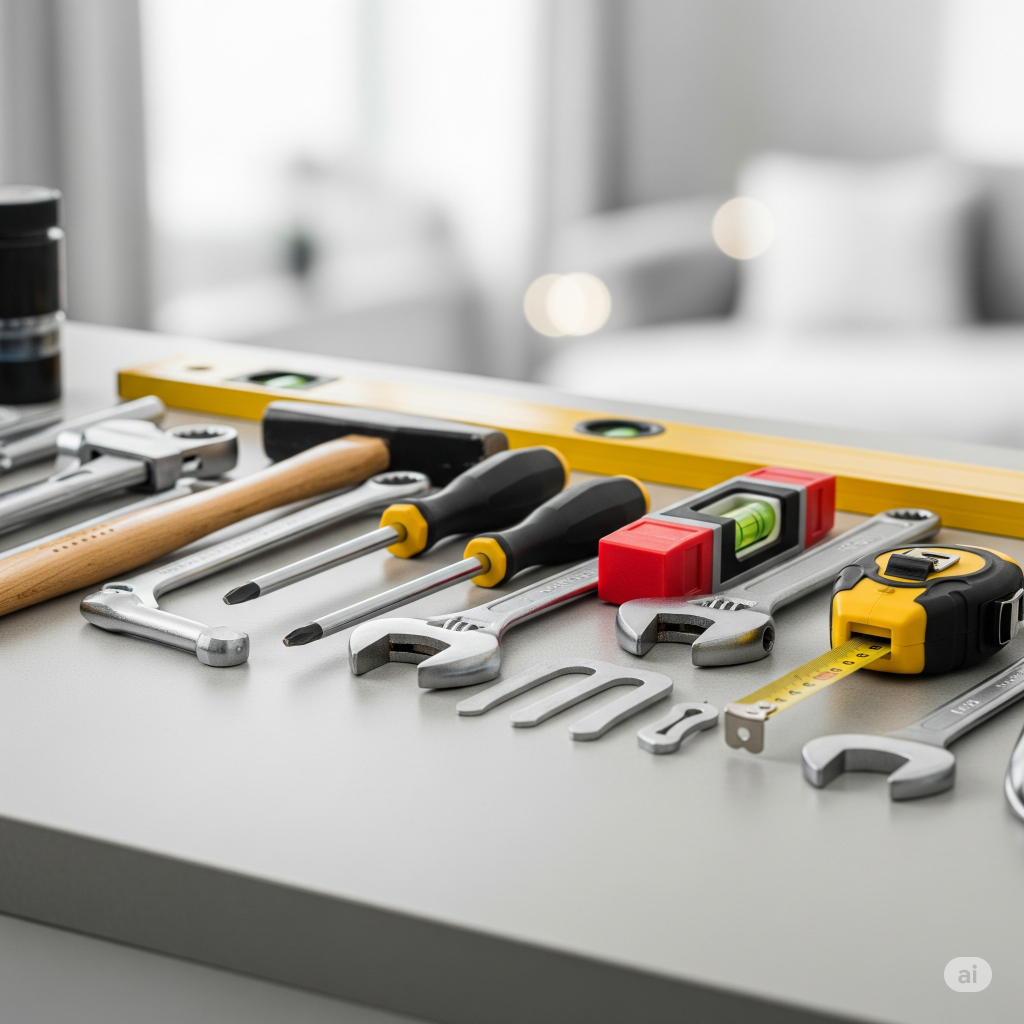 Professionally arranged home repair tools including a hammer, screwdrivers, and a wrench on a modern surface, ready for home maintenance.