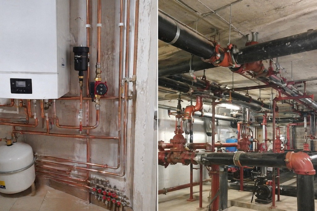 residential plumbing system pipes and valves inside house wall