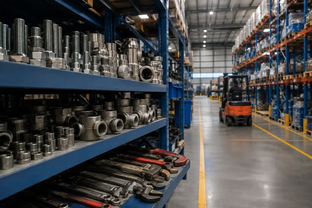 Industrial warehouse in Dubai Investment Park showcasing stacks of high-tensile fasteners, commercial plumbing supplies, and heavy-duty hardware tools ready for B2B procurement distribution.