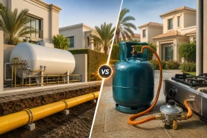 Central gas system and LPG cylinders comparison for a modern Dubai villa showing gas supply infrastructure and residential fuel storage